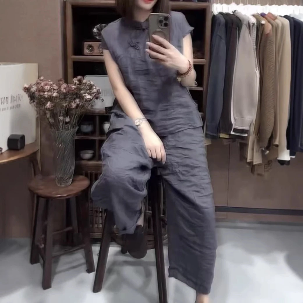 夏季新款复古盘扣简约时尚两件套显瘦套装女