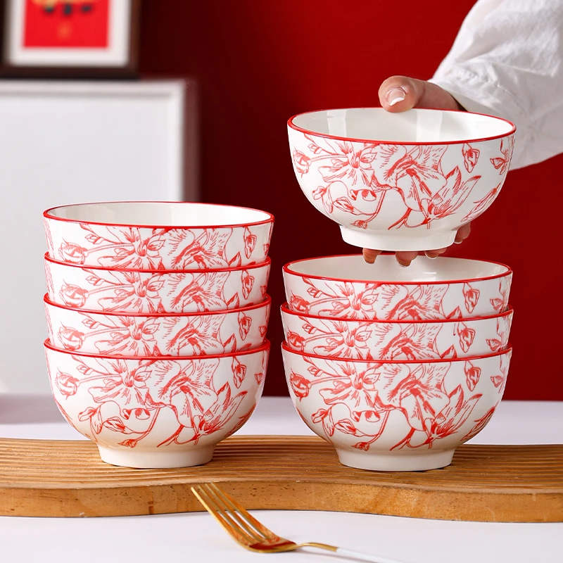 玫瑰花开4.7英寸米饭碗8只装陶瓷釉下彩微波炉适用