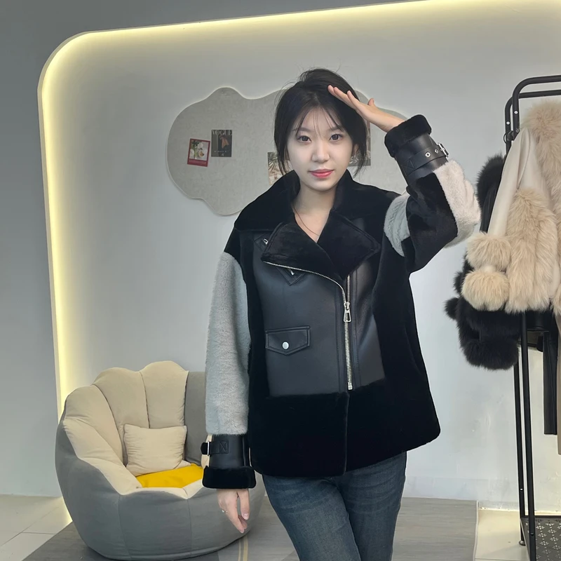 皮衣拼接皮衣外套女装时尚女士[23816]设计师秋冬