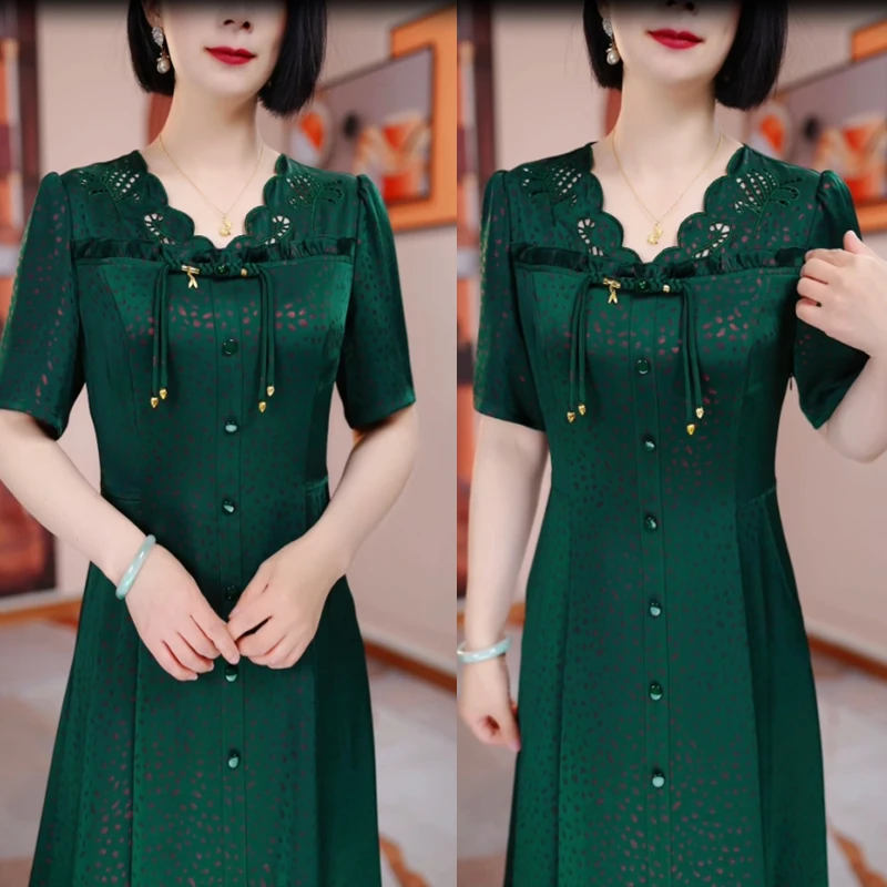 【现货】夏季新款遮肉显瘦修身气质中长连衣裙优雅H5B013妈妈装洋气