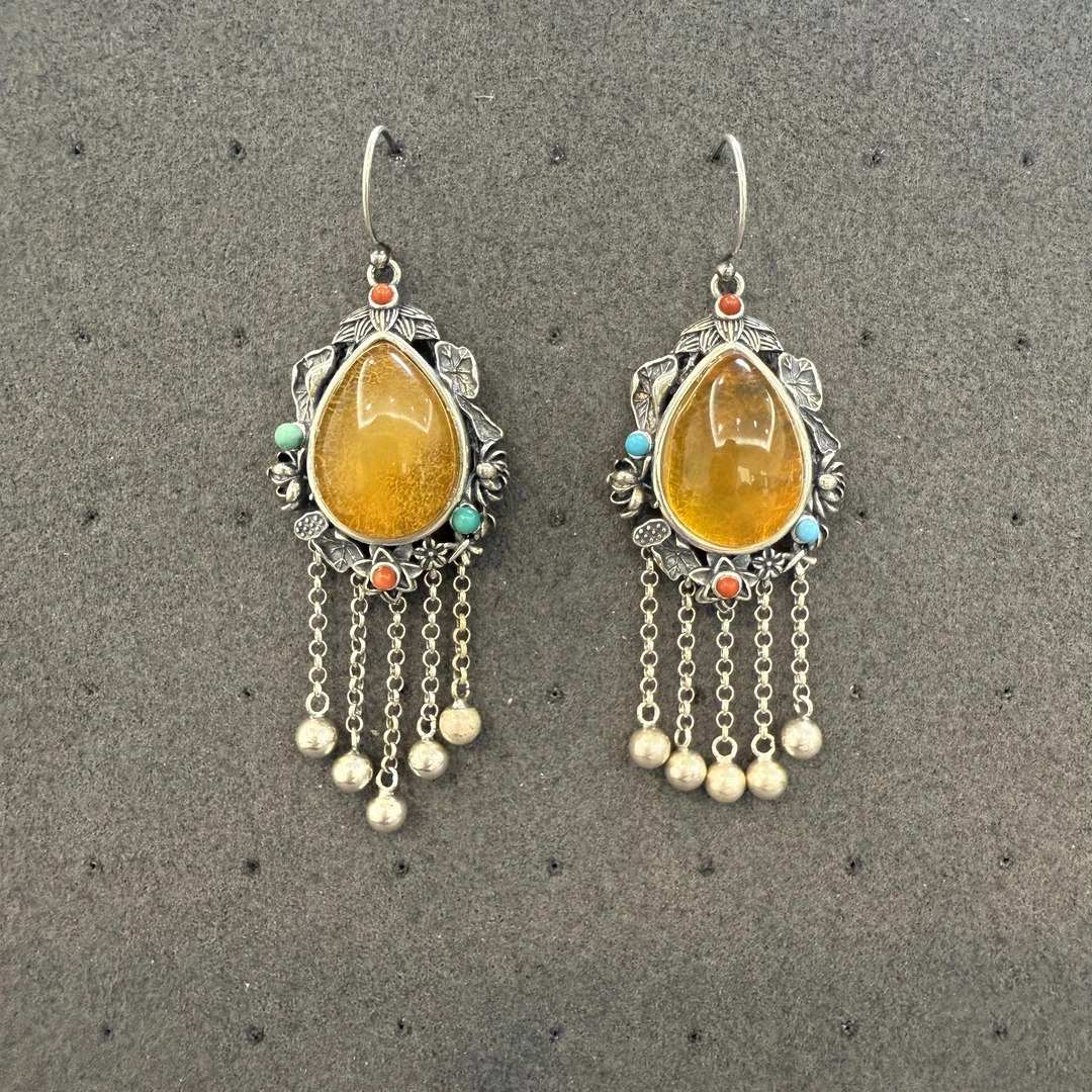 925银亚克力耳饰 原矿原皮亚克力复古风S925银耳钩#6046