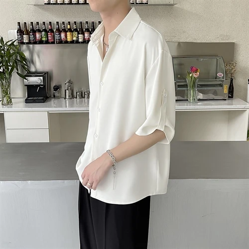 2025痞帅纯色宽松ins垂感冰丝休闲五分袖薄款抖音衬衣CY13/P50