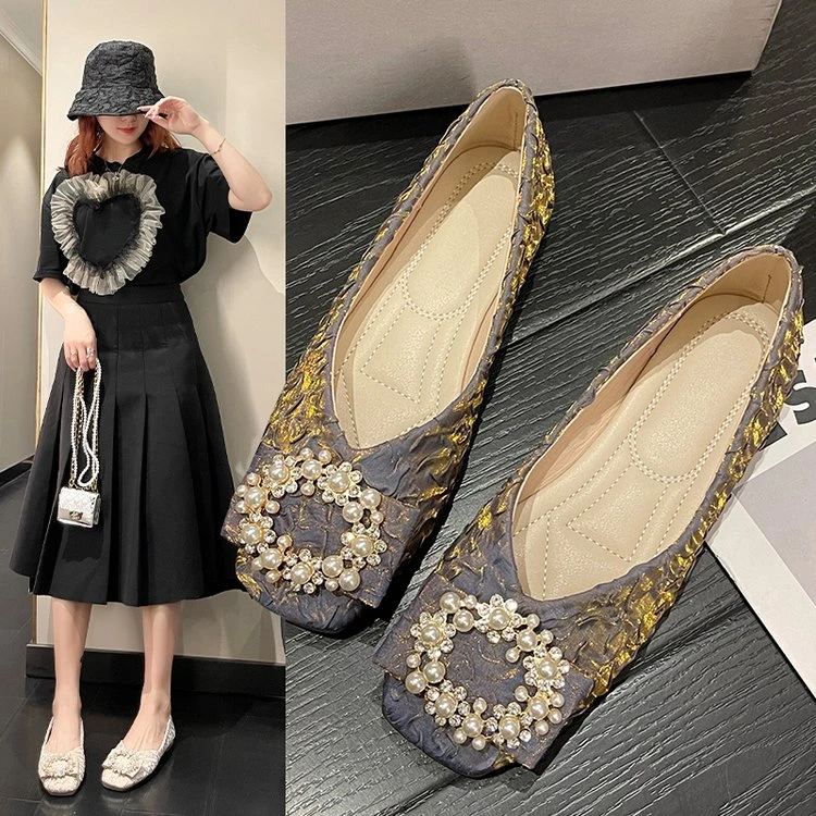 YYCORAL/宇逸瑚豆豆鞋浅口仙女舒适钻饰单鞋温柔平底鞋方头软底