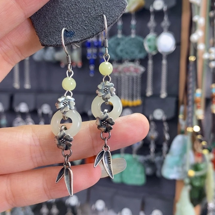 和田玉耳饰银S925镶嵌