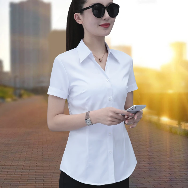 衬衫女短袖V领夏季新款气质工装正装工作服面试免烫职业白色衬衣