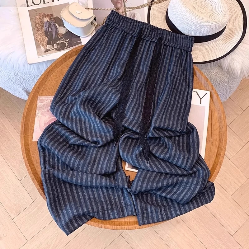藏蓝色条纹亚麻直筒裤女夏2025新款天丝棉麻凉凉裤蕾丝腰带阔腿裤