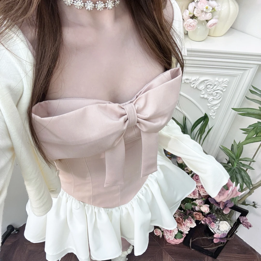 【圆梦芭蕾】新款纯欲风法式辣妹抹胸蝴蝶结时尚套装