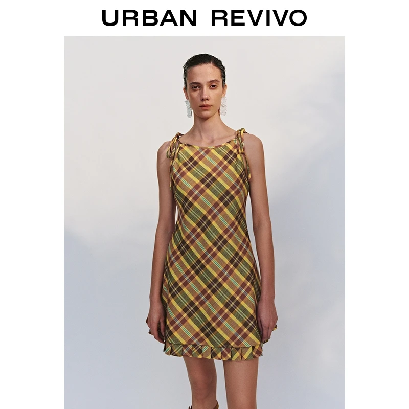 UR2025秋季新款女流光风氛围感撞色格纹系带连衣裙UYL750085