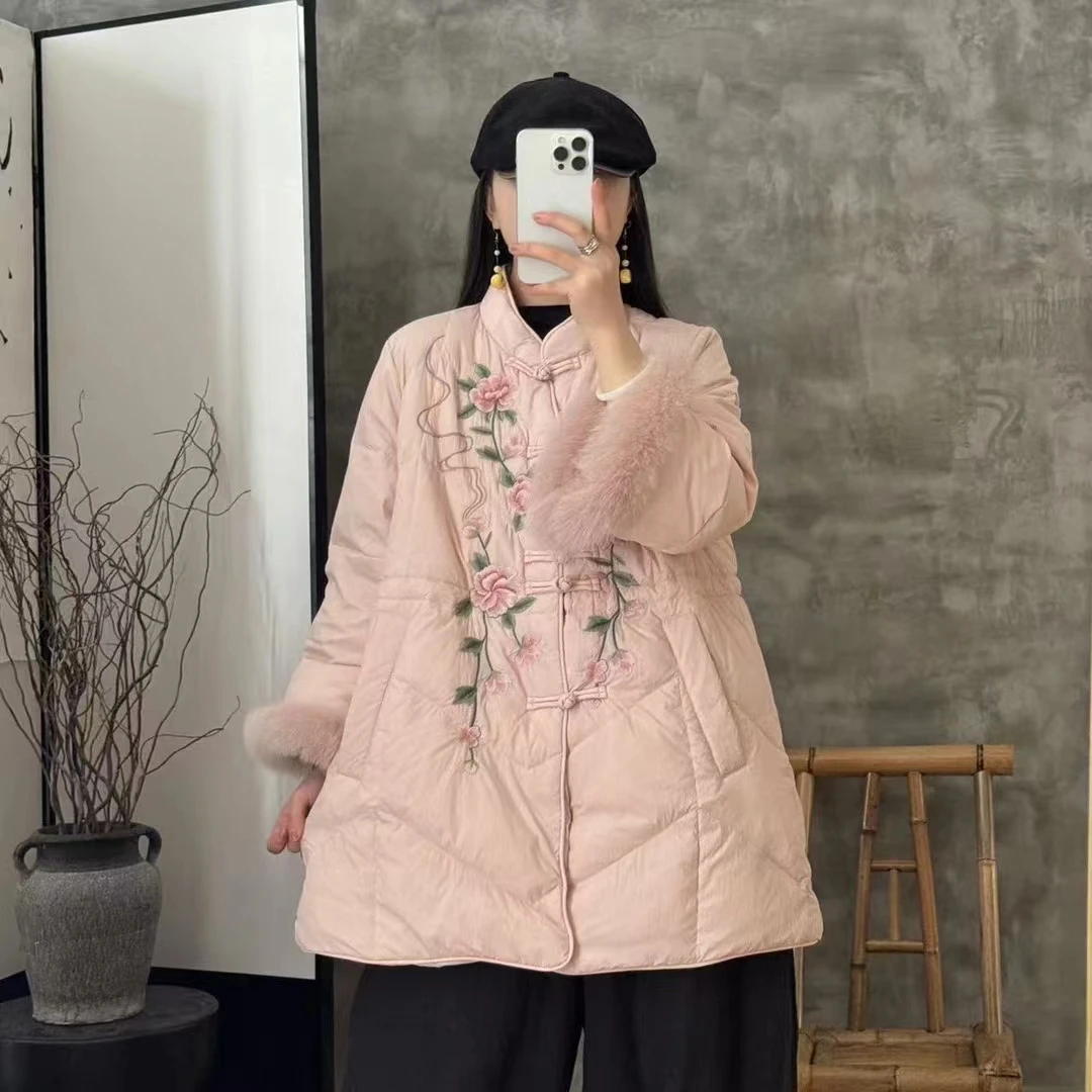 2024时尚新中式中国风3352中长款复古绣花羽绒服