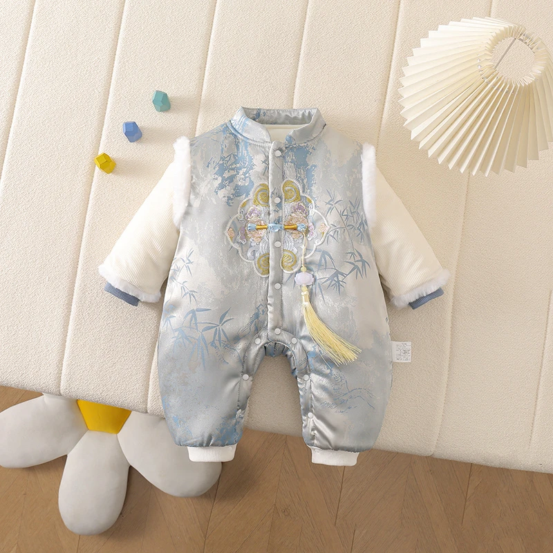 秋冬新生儿连体衣国风竹子棉哈衣冬季中国风男童婴儿加厚拜年服