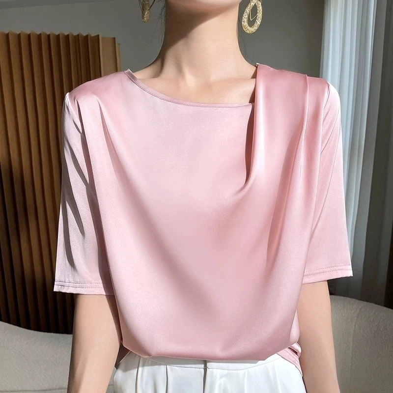 高档醋酸缎面短袖女t恤薄款肩部褶皱圆领设计感垂坠半袖