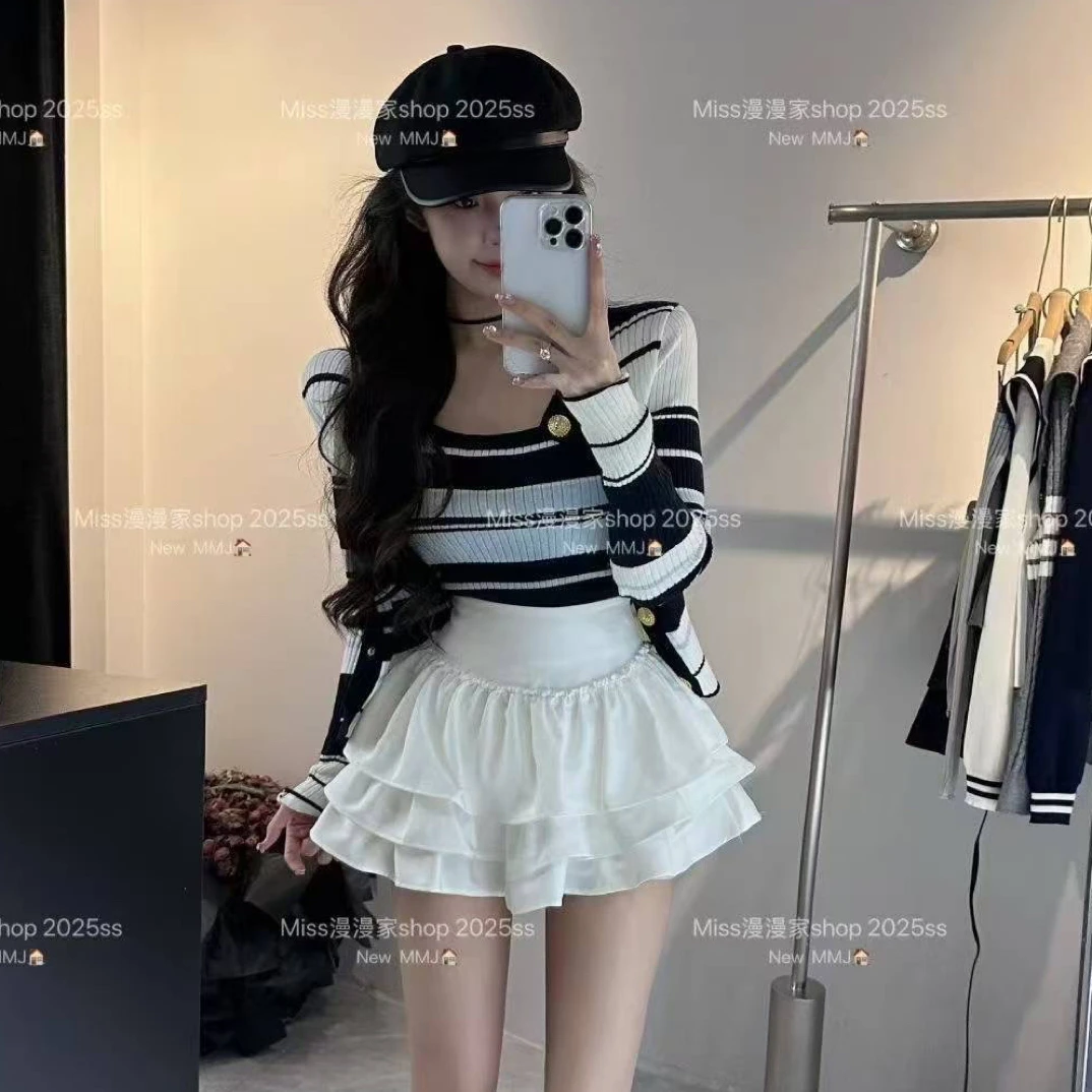 三件套打底衫条纹黑白百搭针织毛针织衫长袖撞色落肩袖套装