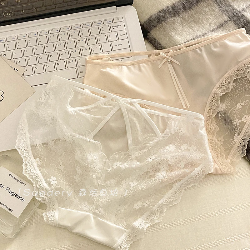 月光如我~缎面蕾丝网纱镂空内裤女性感印花透气三角裤