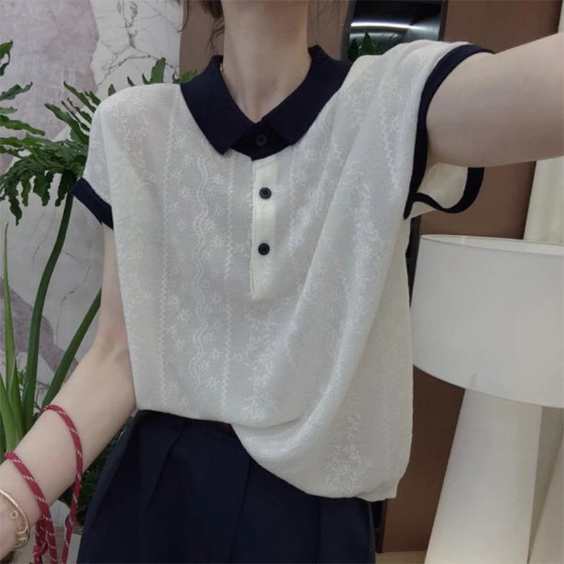 法式顺韩版百搭修身时尚提花POLO领飞飞袖针织上衣