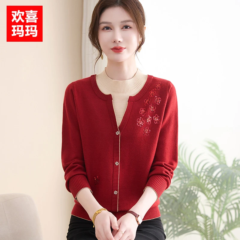 妈妈秋装洋气针织打底衫中老年女装秋冬本命年上衣服红色气质毛衣