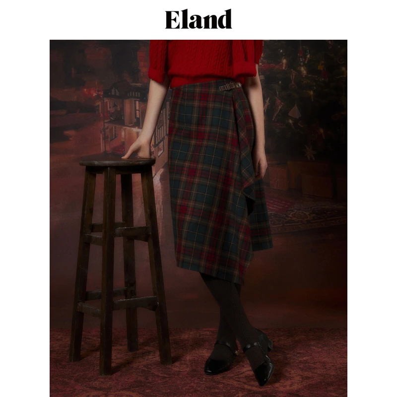 【商场同款新品】【圣诞系列】Eland衣恋半身裙女撞色格纹裙子2025春