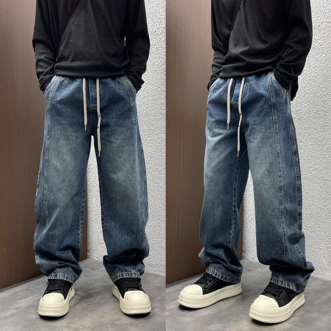 2025秋冬季基础爆款简约休闲垂感阔腿裤高街百搭水洗抽绳牛仔长裤