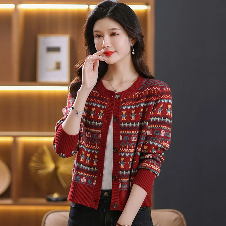 2025春秋新款气质针织开衫时尚短款洋气外套提花百搭上衣宽松