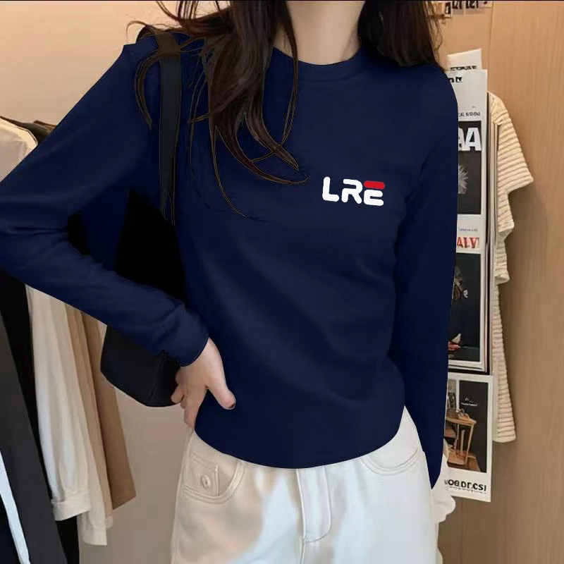 2025秋冬新款正肩长袖t恤时尚字母印花修身加绒保暖打底女士上衣