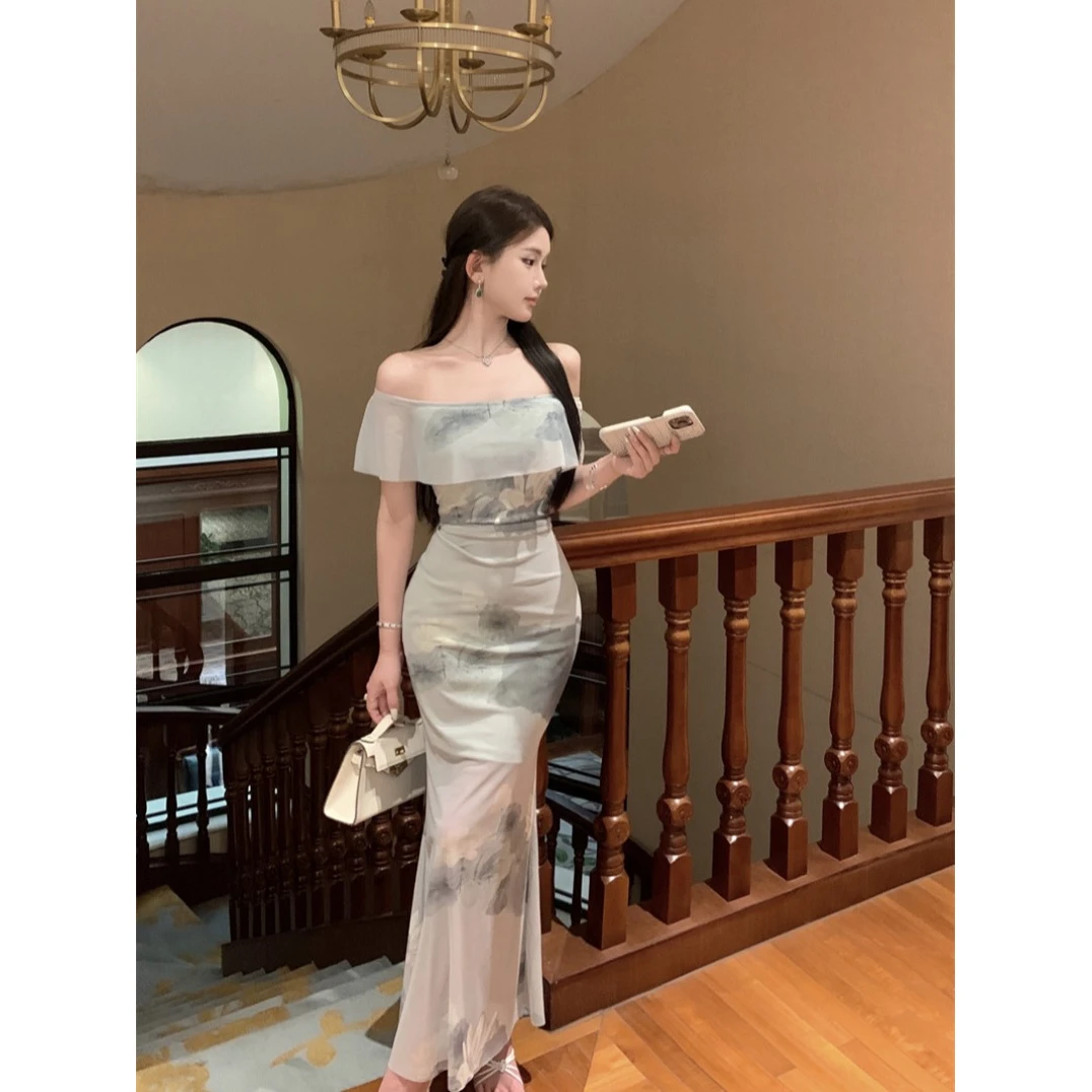 千金清冷感贵系衣服温柔轻国风网纱包臀连衣裙女显瘦气质轻奢修身