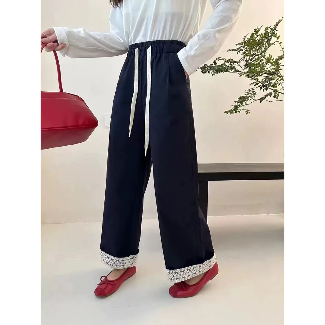 新款大码1812松紧腰抽绳时尚洋气直筒休闲裤蕾丝拼接裤脚