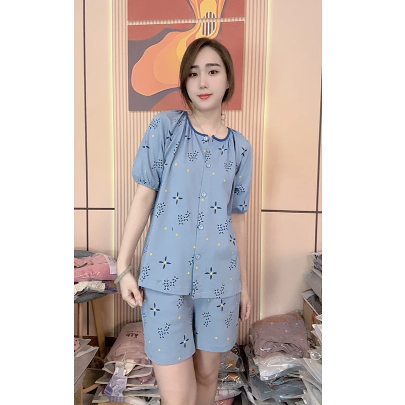 睡衣女夏季新款纯棉短袖短裤时尚休闲可外穿家居服套装（蓝风铃）
