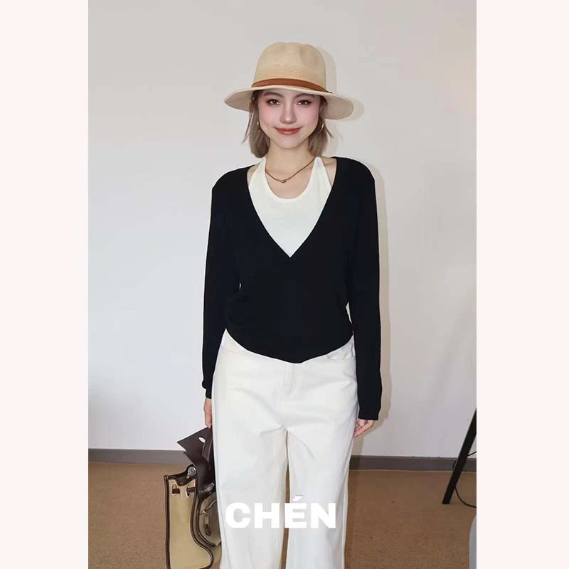 【南瓜派】晨总自制休闲通勤百搭韩系显瘦假两件针织长袖秋季