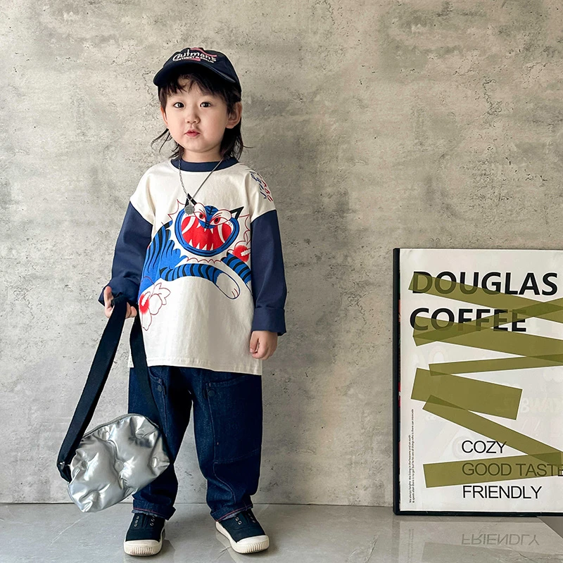 儿童纯棉长袖T恤2024秋新款男女童卡通老虎T宝宝拼色日系打底衫