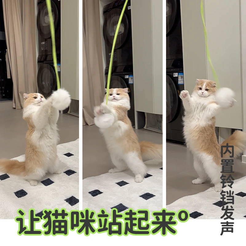 双球超长款猫咪弹簧球铃铛可调节毛绒球猫玩具逗猫棒啃咬宠物用品