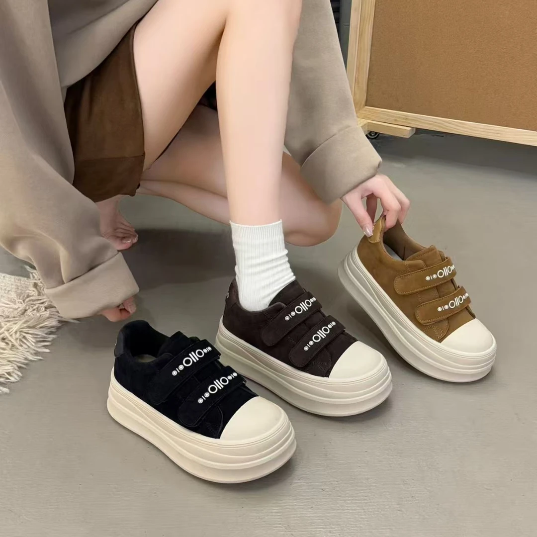 韩版小个子厚底增高板鞋女2025秋季新款复古魔术贴休闲松糕鞋单鞋