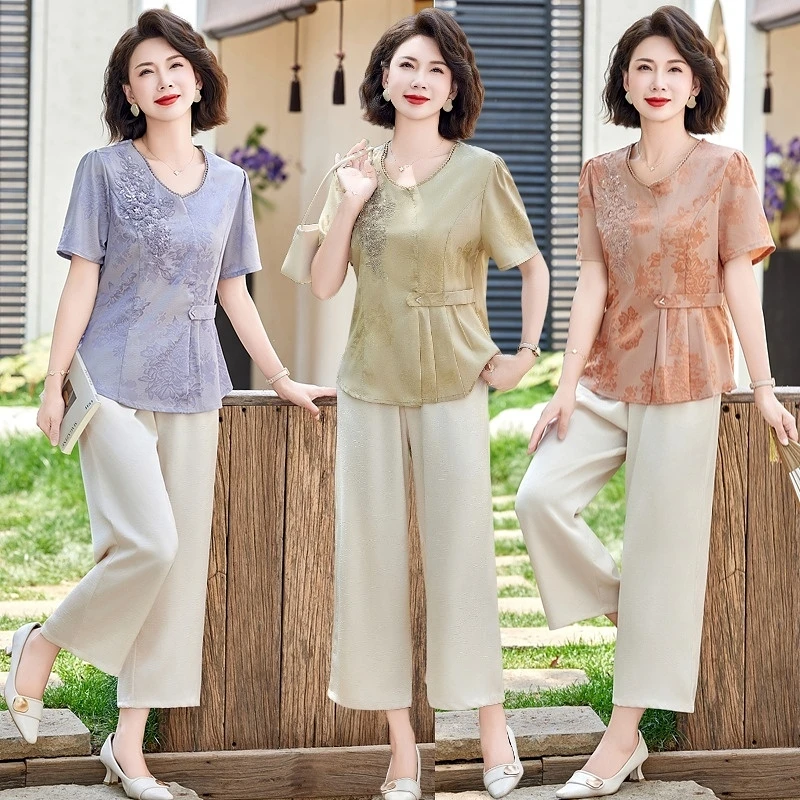 新款新中式国风妈妈装套装气质显瘦洋气夏季休闲复古中国风时尚
