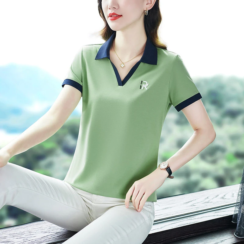 812草绿色polo衫女短袖夏季女装翻领t恤宽松大码女士运动半截袖薄