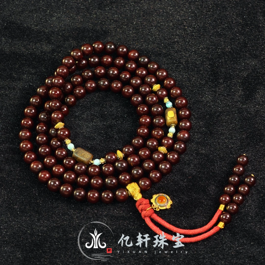 沉香【亿轩臻选】ZX168407古董蜡紫红皮108毛衣链diy沉香&绿松9mm+