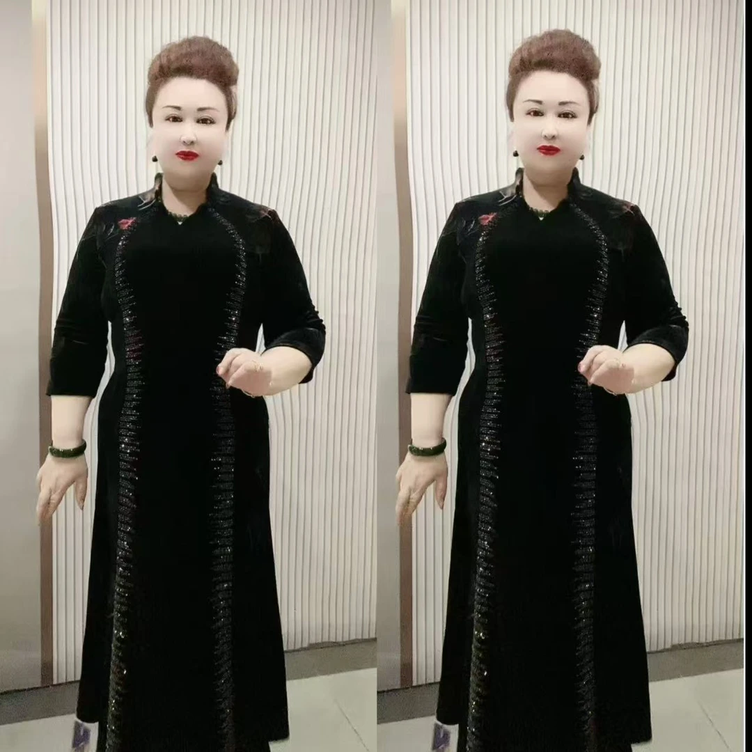 50609款丝绒烫钻印花连衣裙