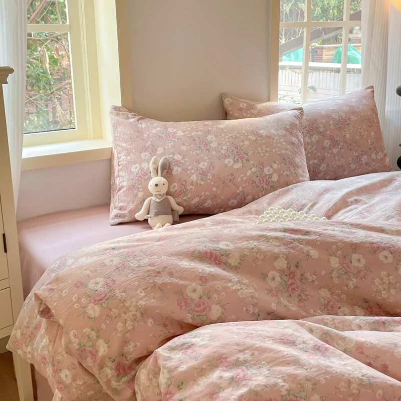 小清新云感针织双层纱四件套田园风小碎花超柔亲肤被套学生三件套