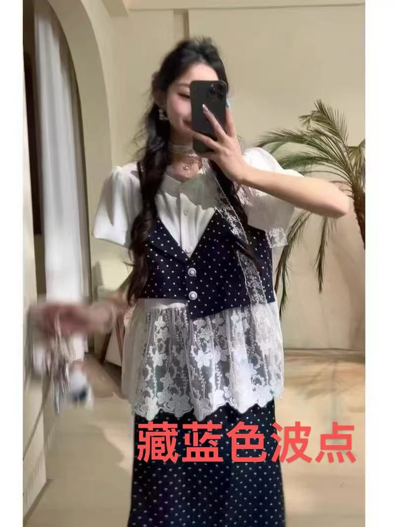 阳阳家藏蓝法式甜美蕾丝拼接波点吊带假两件上衣半身裙两件套FF