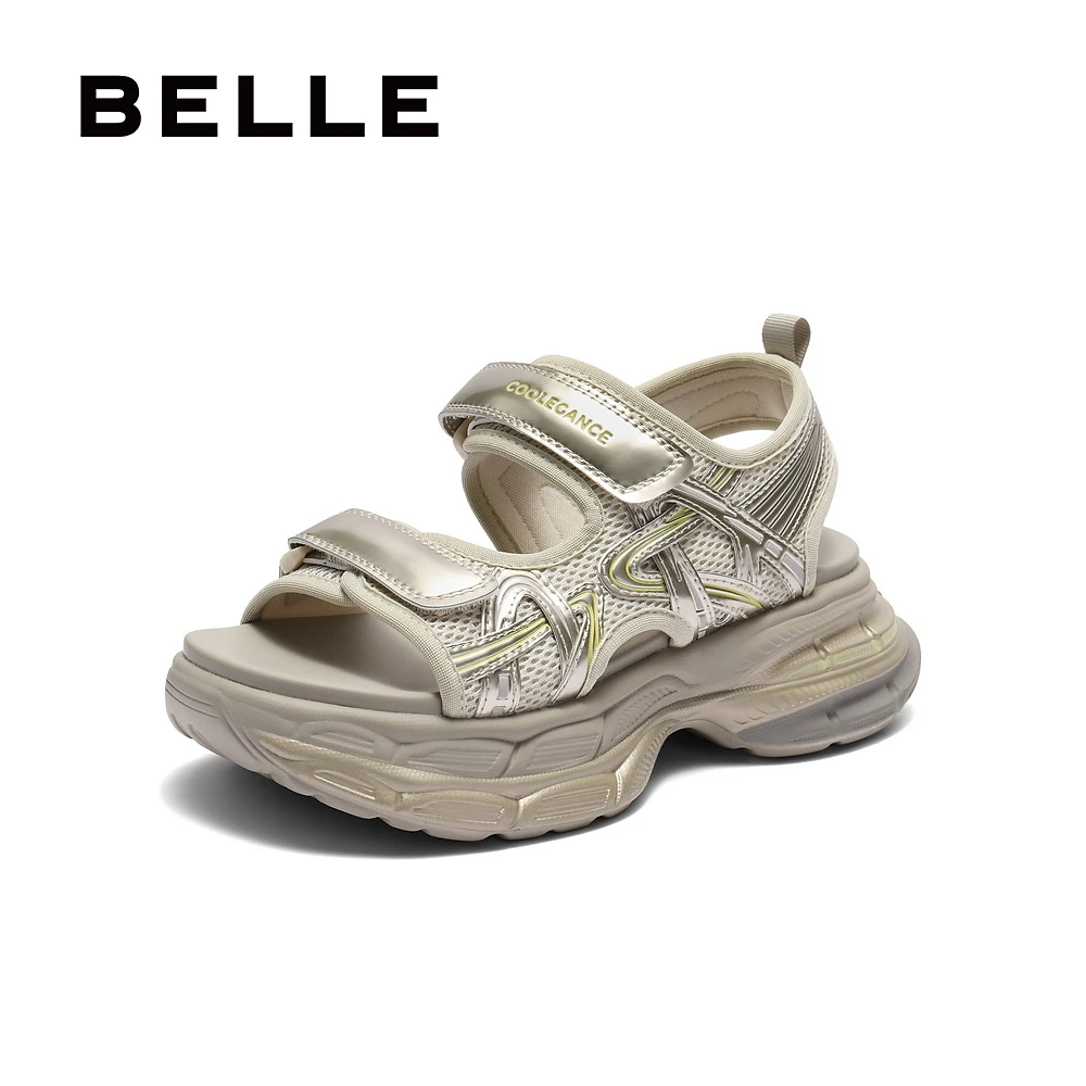 百丽增高厚底休闲凉鞋女2025夏新透气拼接网面运动风凉鞋B2617BL5