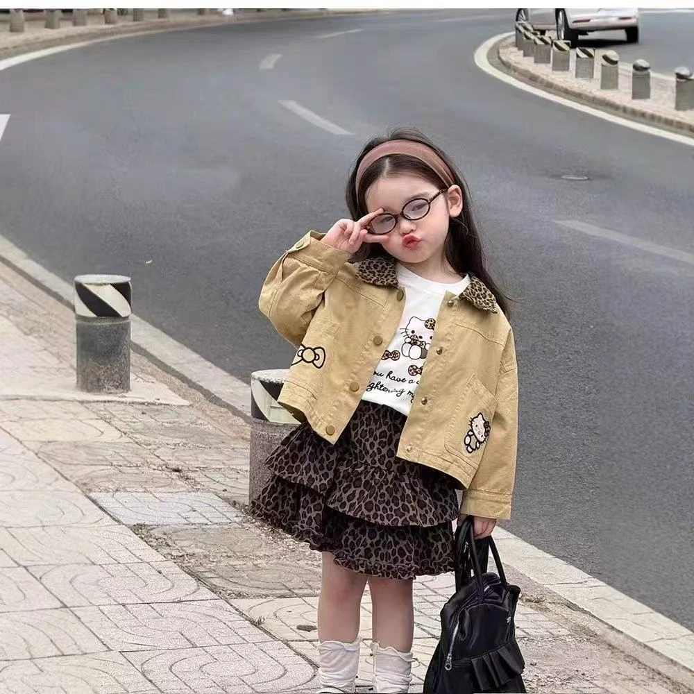 女童套装2025秋季新款儿童韩版时髦春秋夹克外套豹纹蛋糕裙两件套