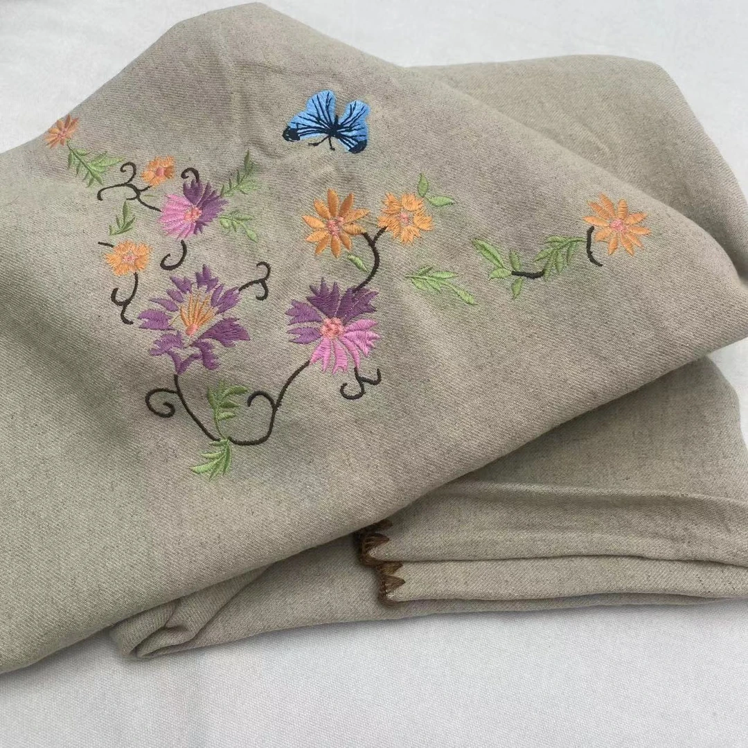 木汀家-蝶恋花 高端汉麻雨露麻多功能刺绣毯子床单 酵素水洗