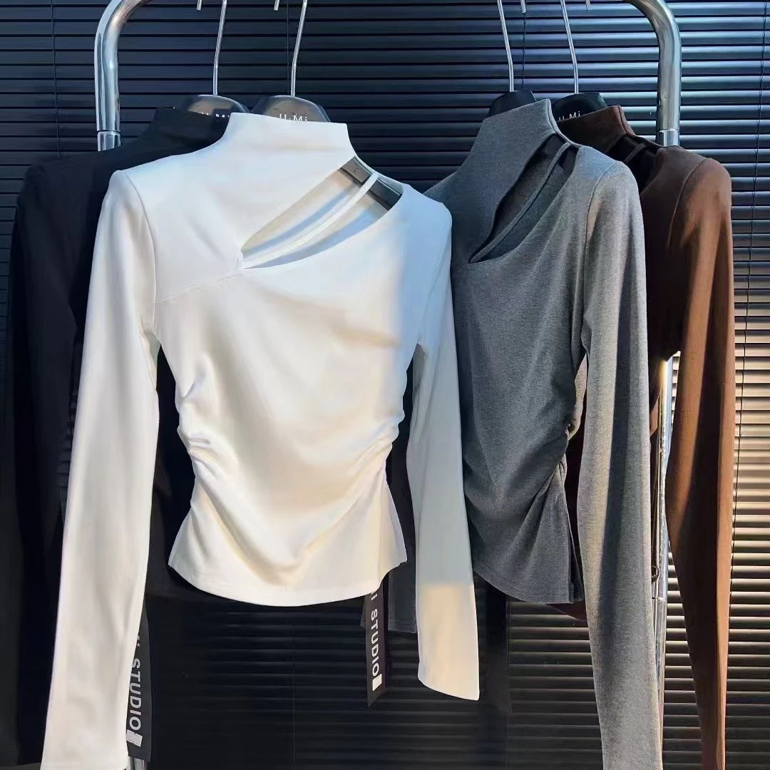 2025冬季小心机时尚半高领套头T恤衫百搭时尚显瘦不规则上衣长袖