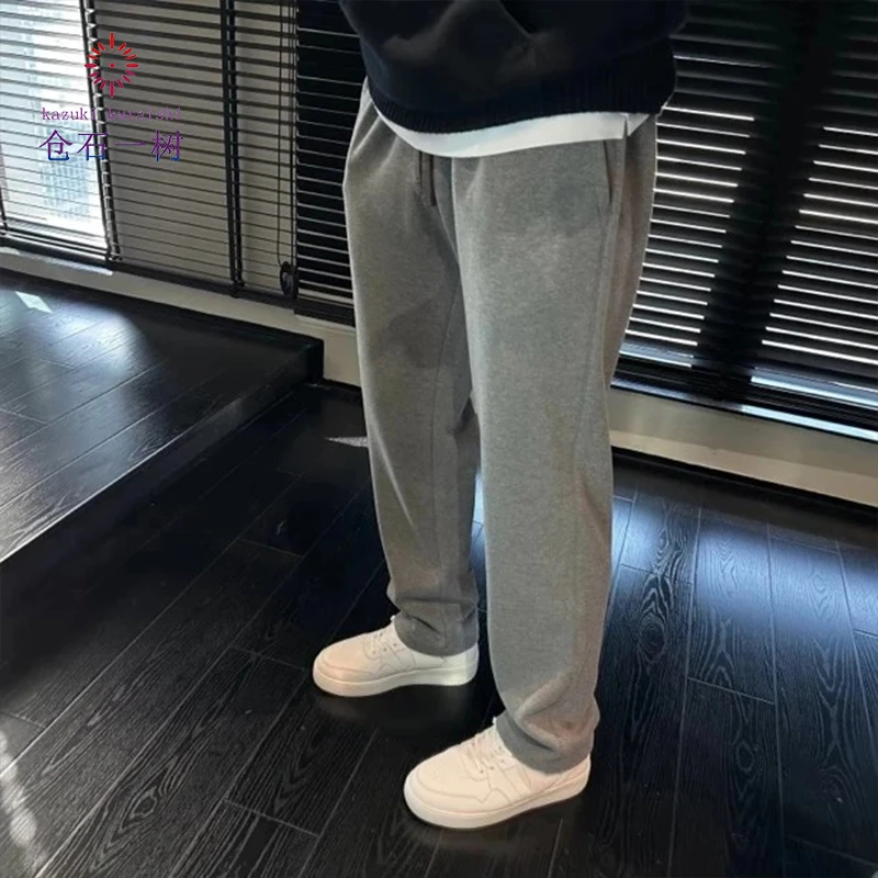 仓石一树新款百搭加绒阔腿直筒裤男装潮流加厚保暖宽松灰色运动裤