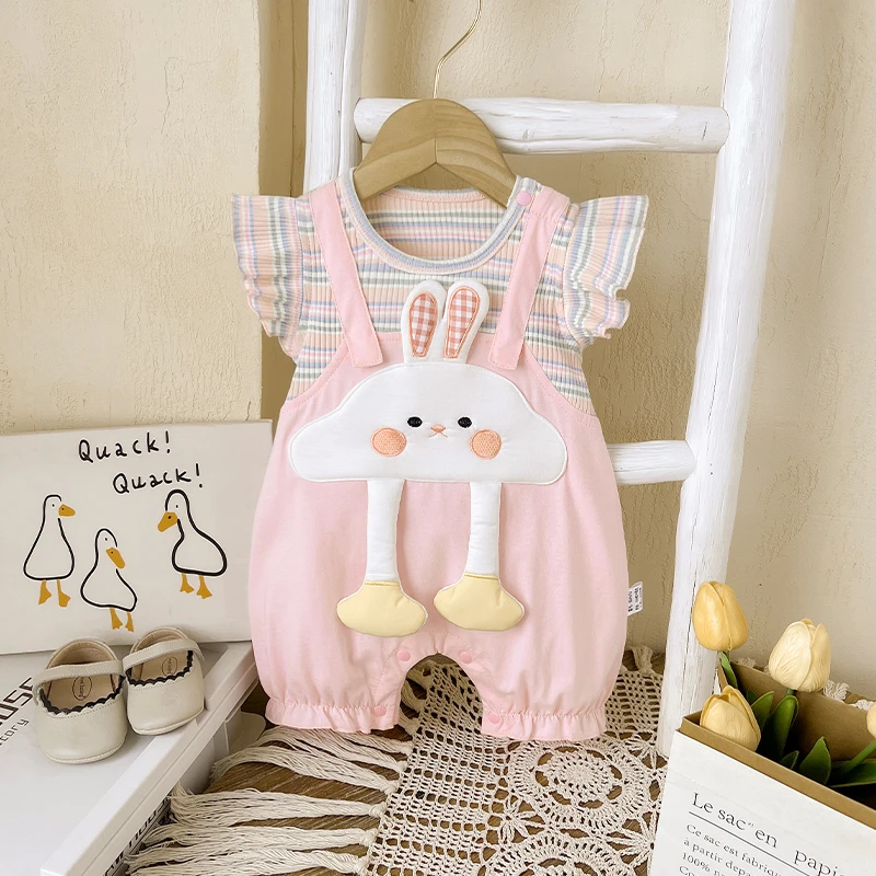 婴儿夏季连体衣女宝宝夏款新生儿薄款小飞袖哈衣超萌兔子外出爬服