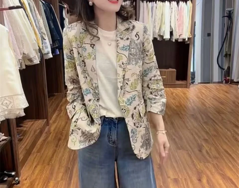 25050复古新款时尚宽松夹克印花上衣外套