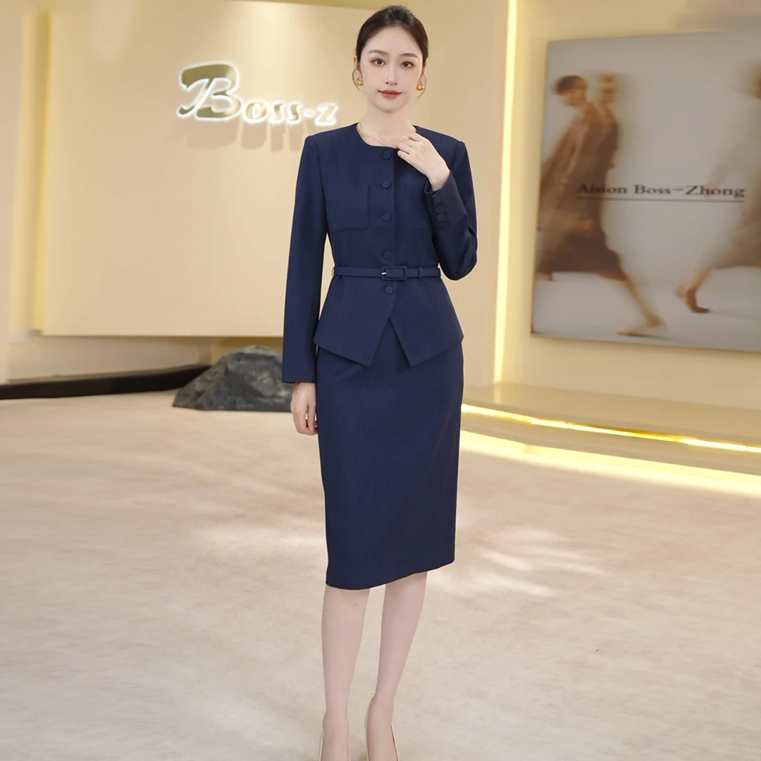 钟老板 藏青色西装套装女2025秋季新款气质商务上衣半身裙两件套