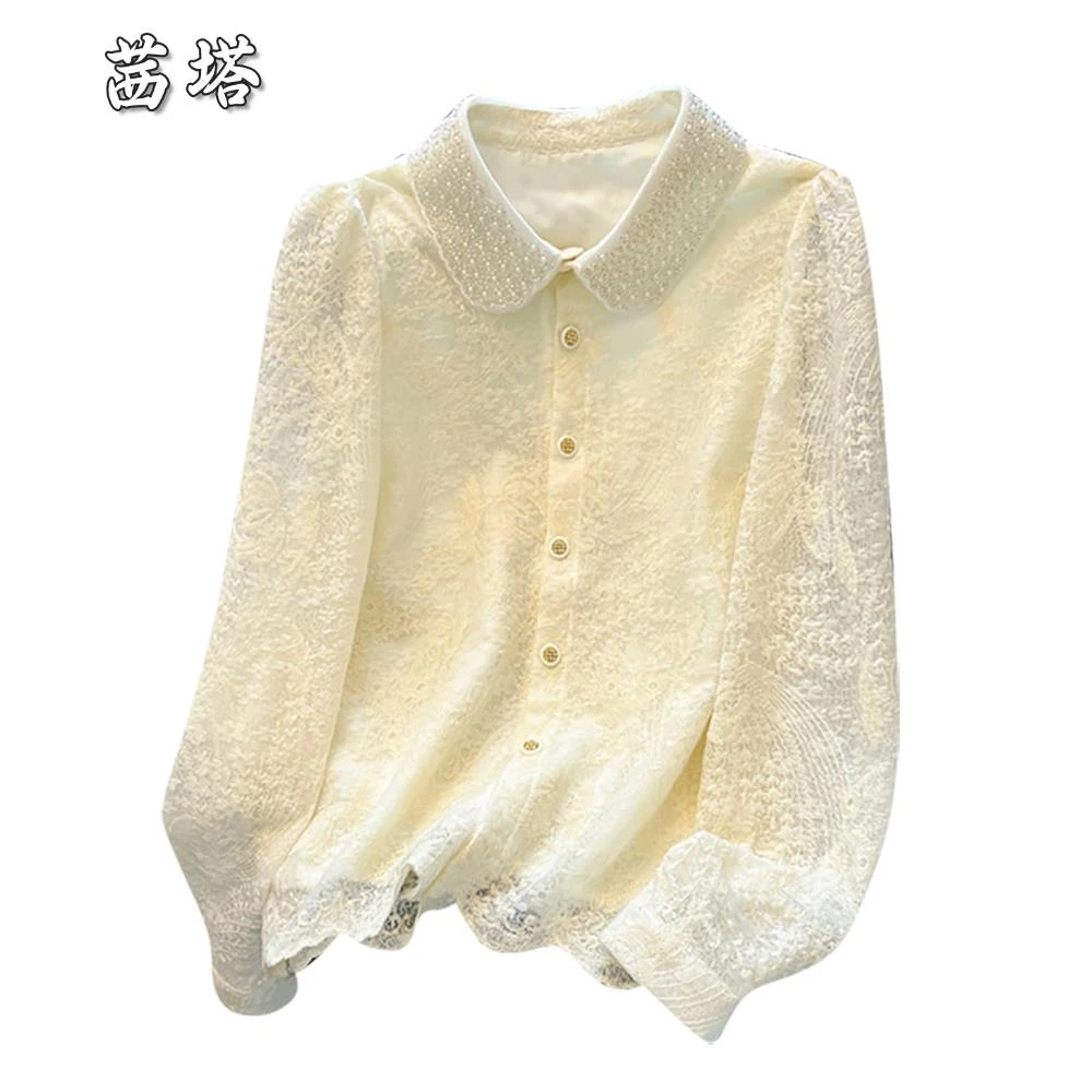法式高端刺绣蕾丝衬衫2025年时尚百搭新款春季新串珠设计上衣女士