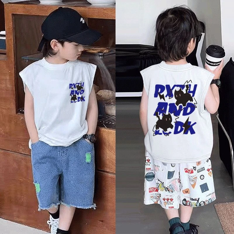 新款男女童宝宝纯棉t恤新款夏季卡通印花儿童洋气背心国潮上衣潮T