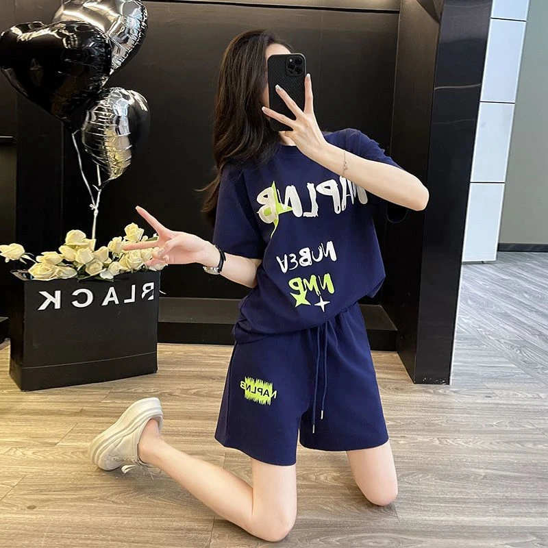 慵懒风韩版运动休闲套装女夏季新款显瘦宽松跑步短袖短裤两件套潮