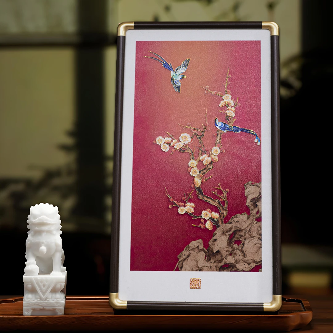 益师傅喜上眉梢新中式皮革肌理画入户玄关客厅背景墙挂画花鸟1933