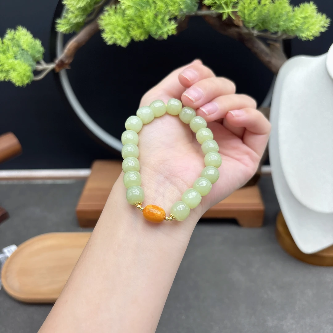 单圈和田玉若羌黄口桶珠卡10MM搭配枣珠路路通配饰手串简约Y36099