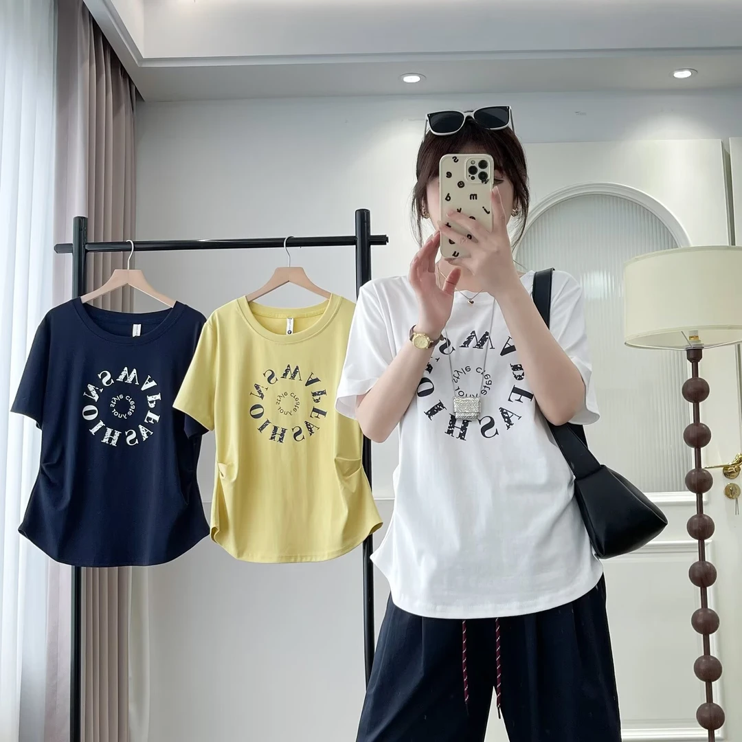 夏季新款抽褶圆领字母印花短袖T恤衫常规款时尚显瘦百搭上衣2545